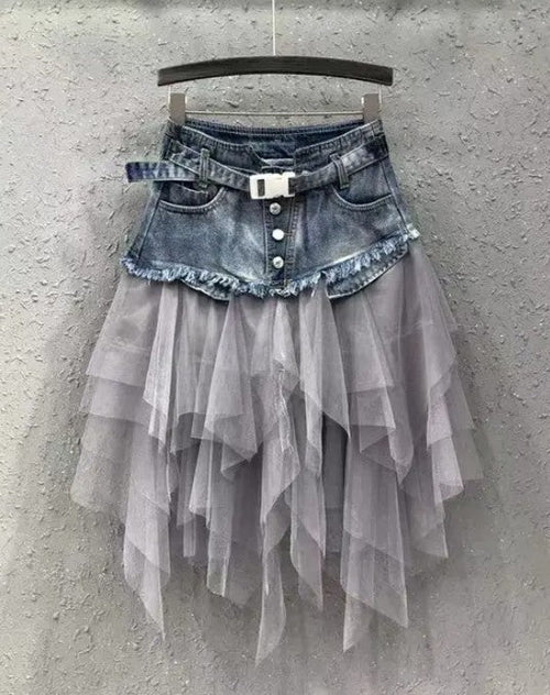 Women’s denim tutu skirt by Jade Icarus, showcasing a stylish blue denim fabric with a flared tutu design.