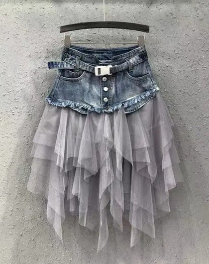 Women’s denim tutu skirt by Jade Icarus, showcasing a stylish blue denim fabric with a flared tutu design.