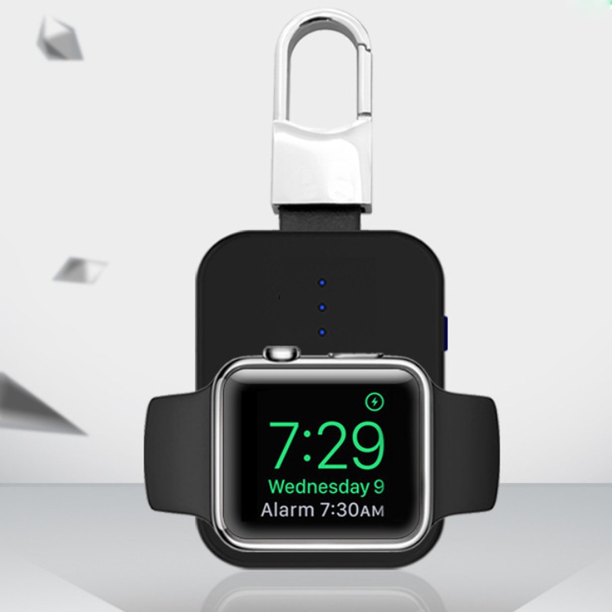 Salmon Lucky Apple Watch wireless charger power bank on key chain, compact tech accessory with charging port and key ring attachment.