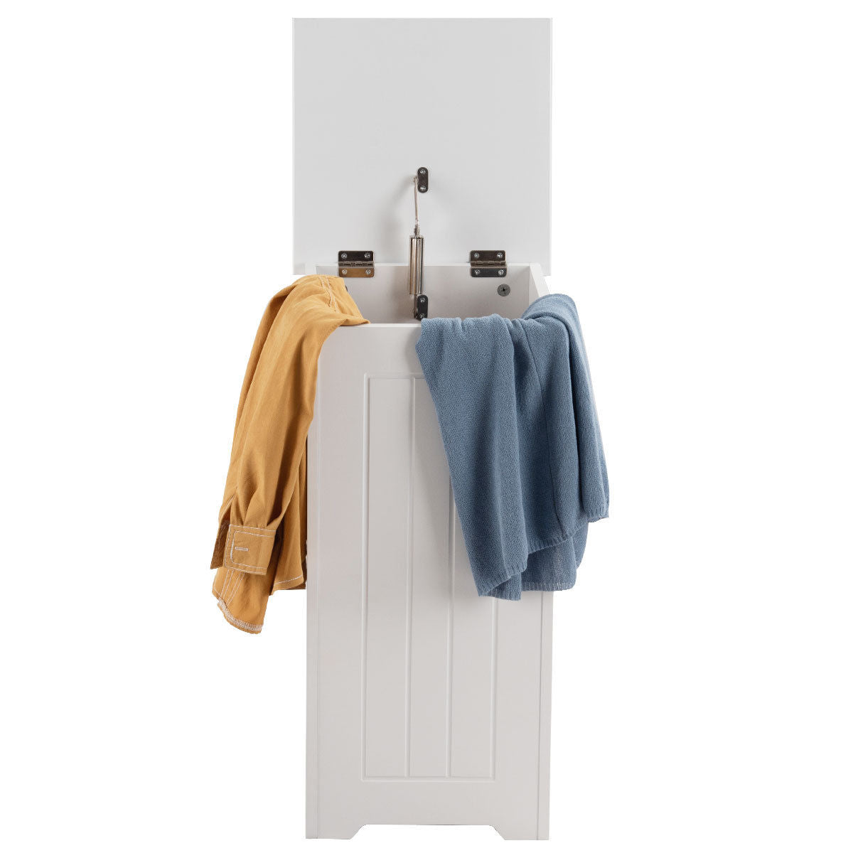 White wooden laundry bin from Emerald Caeneus with a classic design, suitable for home organization and laundry storage.