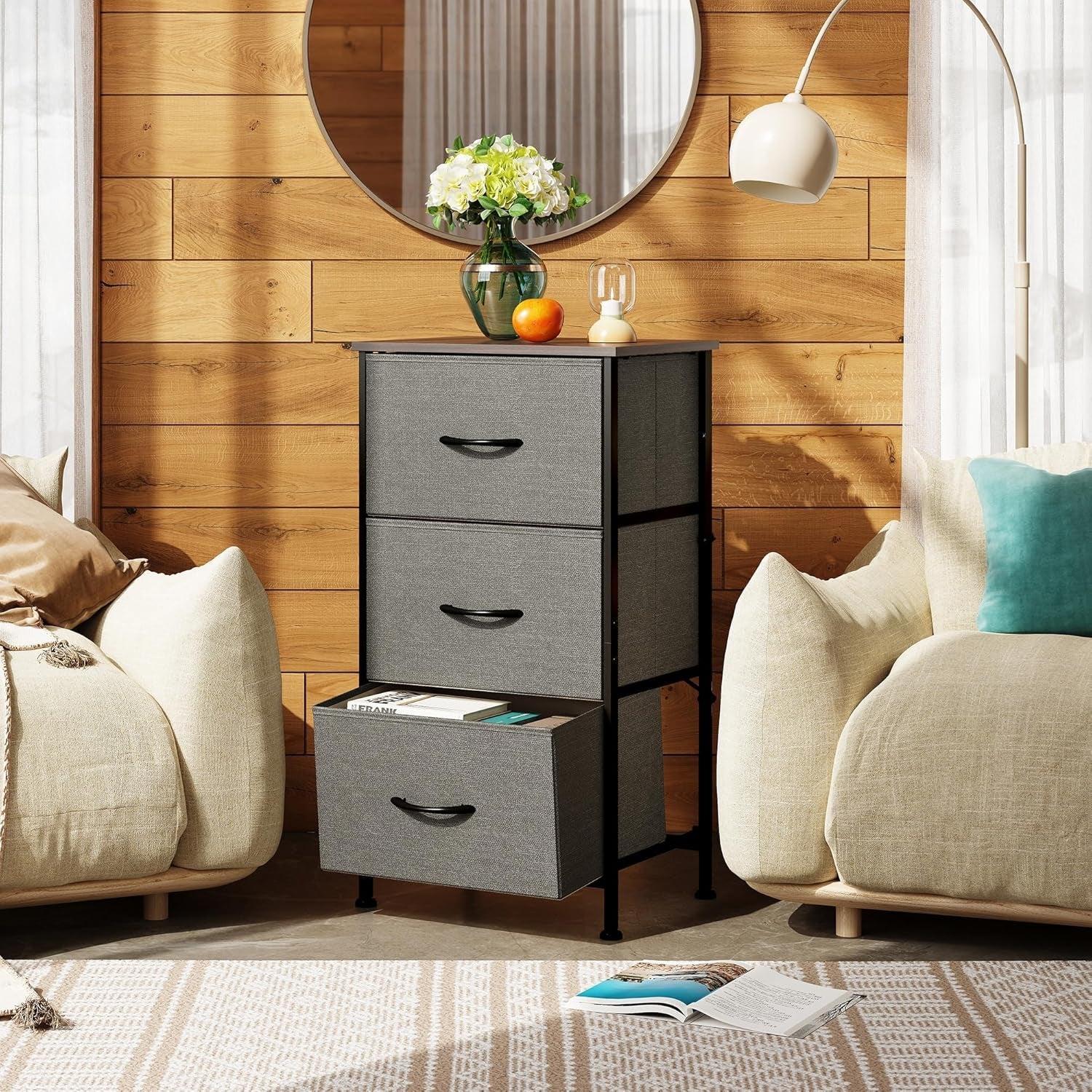 Dark grey Peach Maple dresser with three drawers, steel frame and wooden top, modern furniture for bedroom storage
