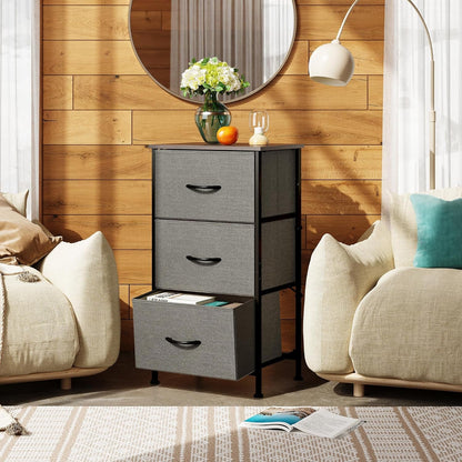 Dark grey Peach Maple dresser with three drawers, steel frame and wooden top, modern furniture for bedroom storage