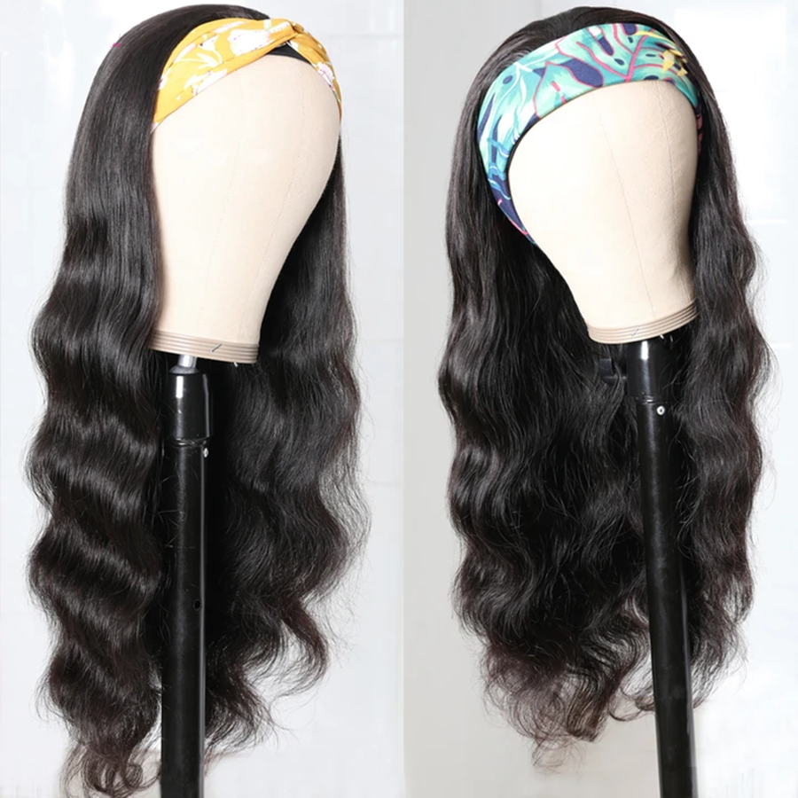 Cerise Alfie human hair headband scarf wig with body wave texture, easy wear, no glue, designed for women, 18 inches long.