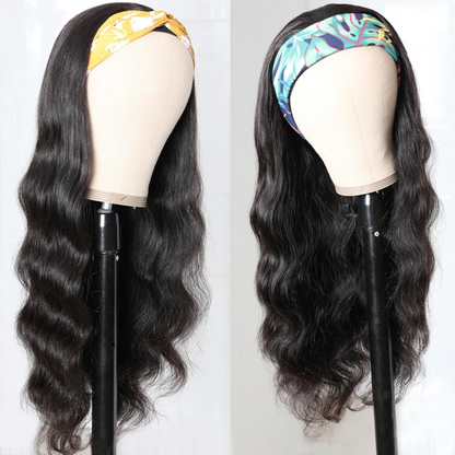 Cerise Alfie human hair headband scarf wig with body wave texture, easy wear, no glue, designed for women, 18 inches long.