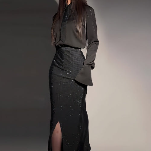 Carmine Juneberry heavy industry hot diamond split wrap hip skirt set featuring a stylish dress with bold design details.