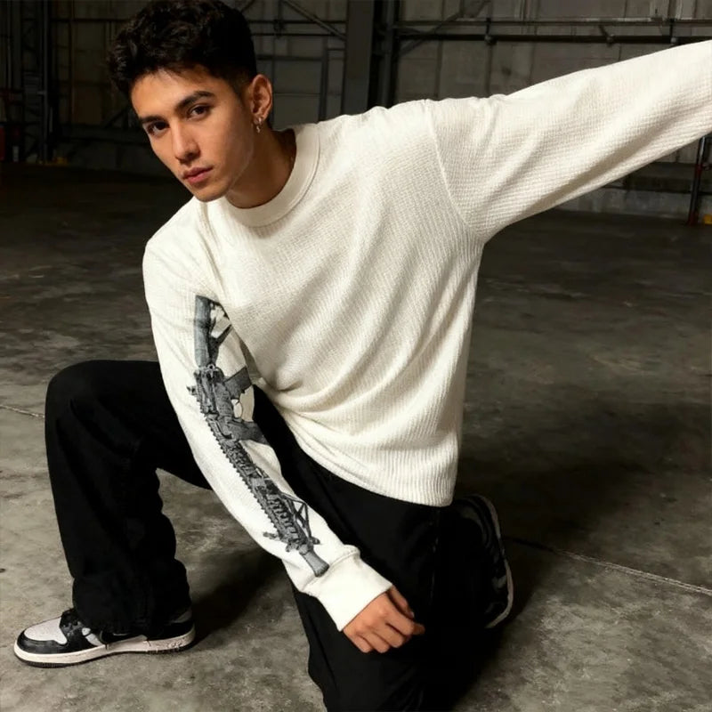 Start2Finish Y2K retro gothic punk cartoon round neck sweater in gunmetal, featuring loose fit and bold graphic design.