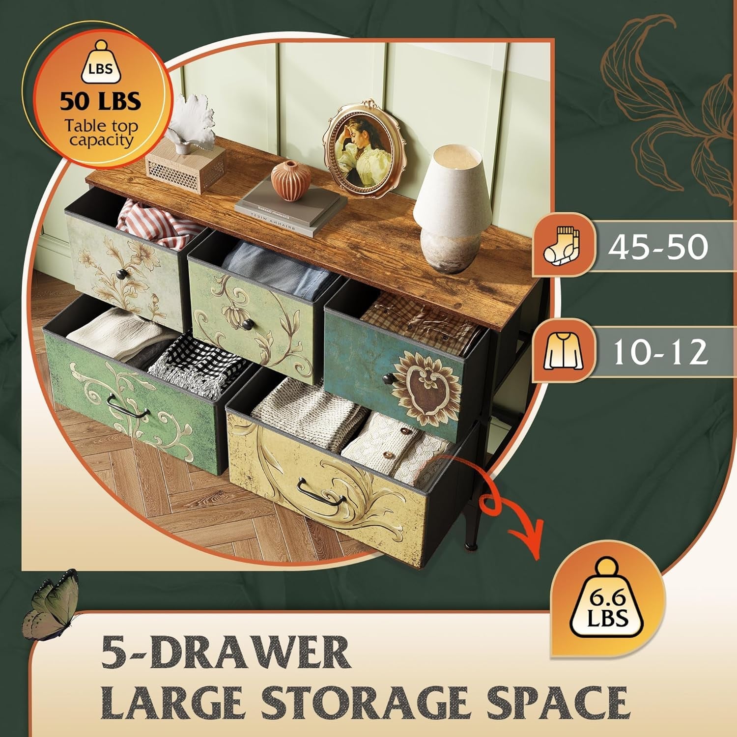 Peach Maple floral painted dresser with five drawers and fabric bins, showcasing colorful floral design and functional furniture storage.