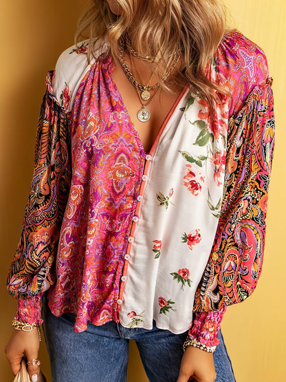 Carmine Juneberry floral print dress shirt for women, stylish tops and blouses with vibrant floral pattern and feminine design.
