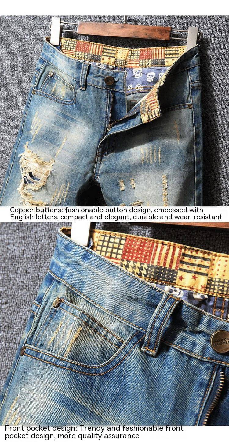 Carmine Juneberry UrbanRip Hong Kong Style Ripped Jeans showing distressed denim with rips and frayed edges, casual pants for streetwear.