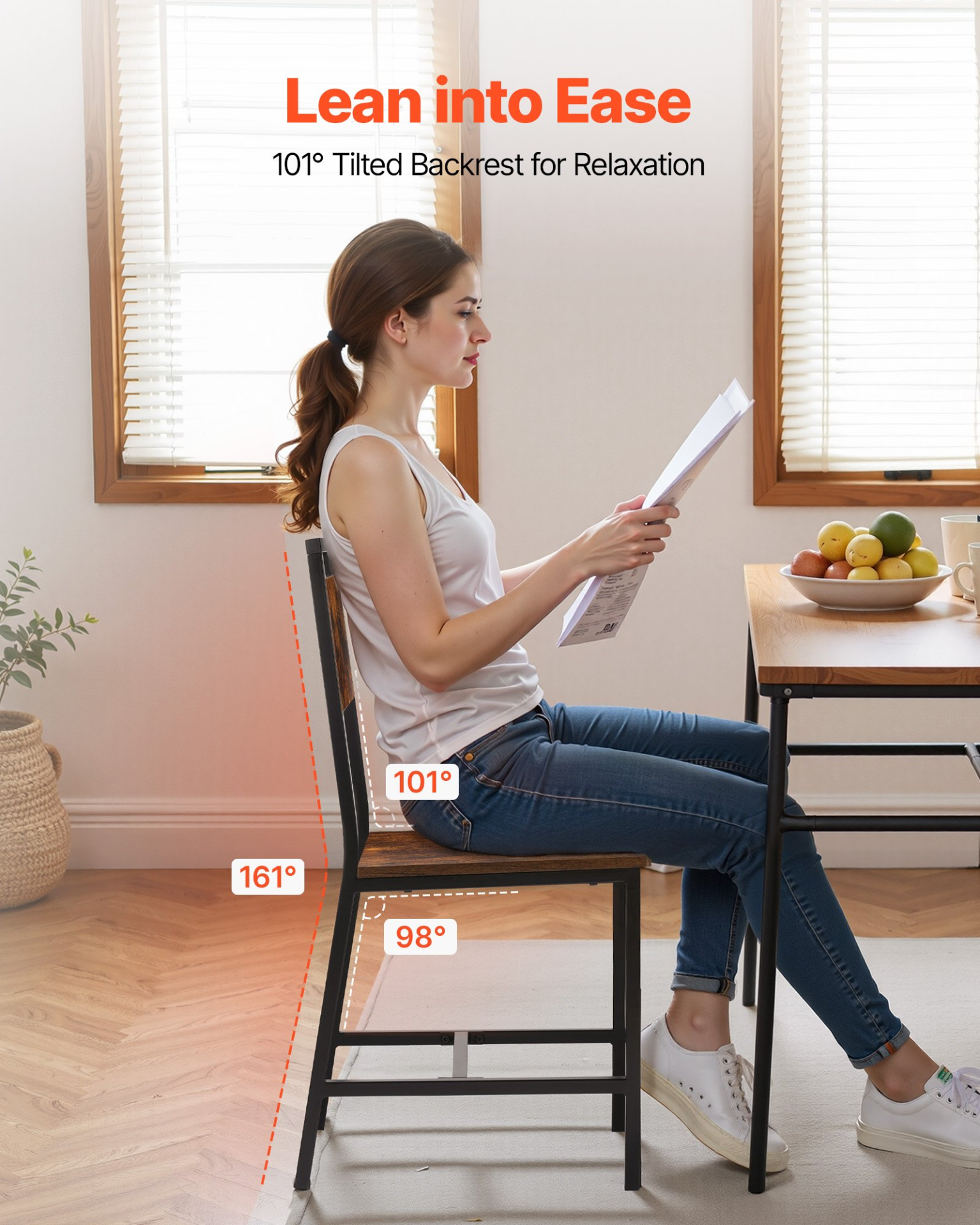 Set of six VEVOR dining chairs with wooden seats, metal frames, backrests, and leather upholstery in rustic brown and black.