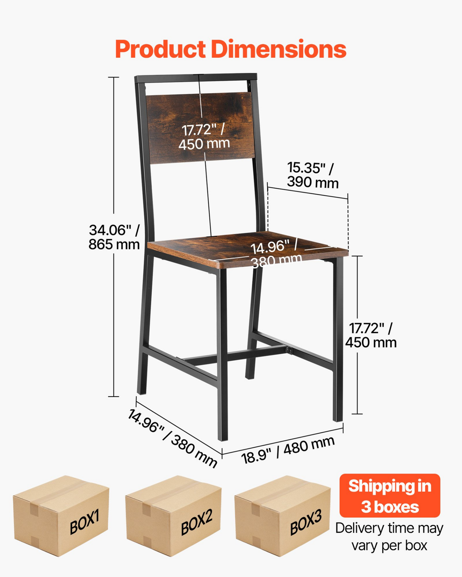 Set of six VEVOR wooden dining chairs with metal frames, leather seats, and backrests in rustic brown and black for kitchen or living room.