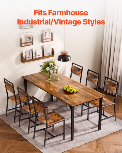 Set of six VEVOR wooden dining chairs with metal frames, leather seats, backrests, in rustic brown and black for kitchen or living room.