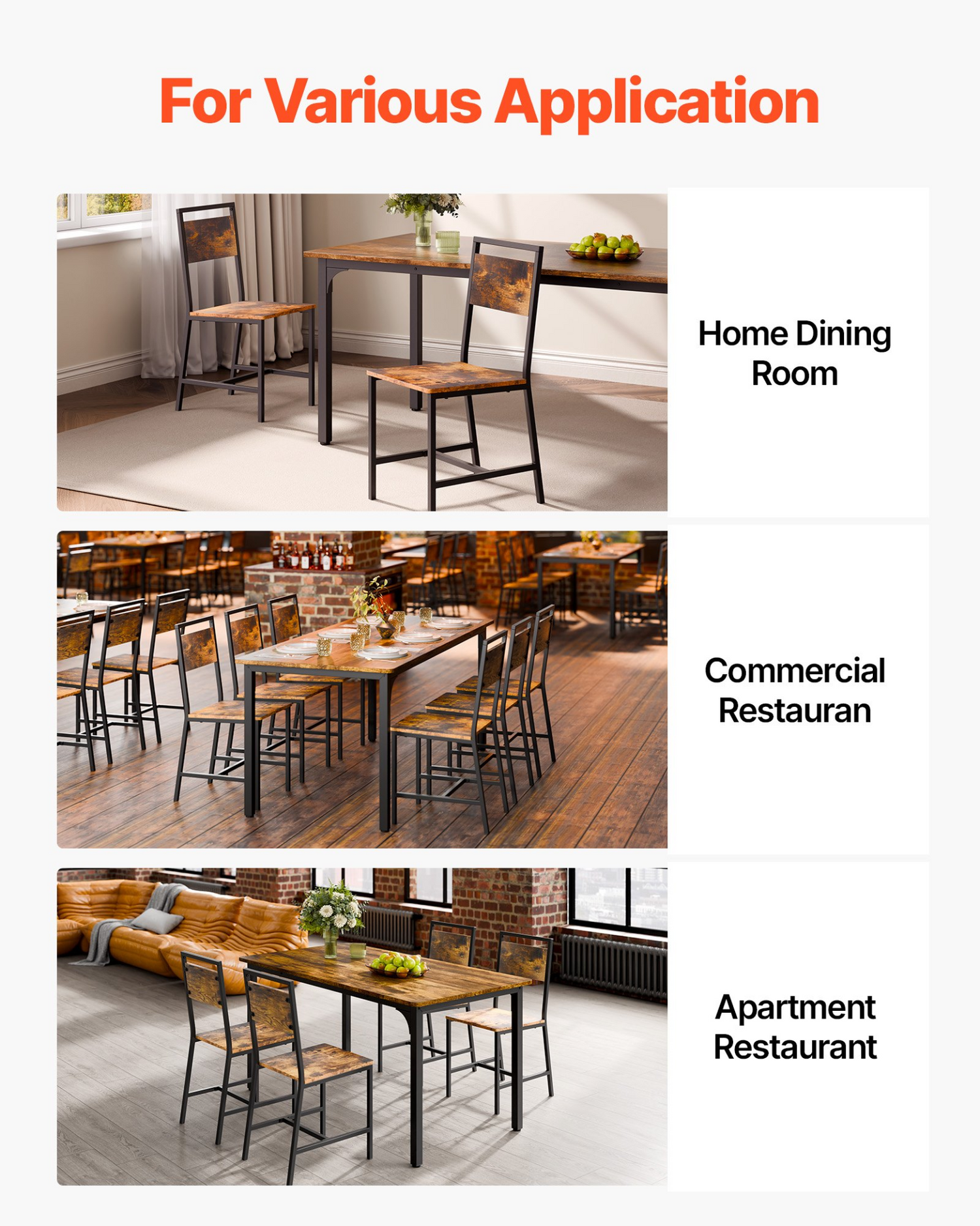 Set of 6 VEVOR dining chairs with wooden seats, metal frames, and leather backrests in rustic brown and black, modern farmhouse style.