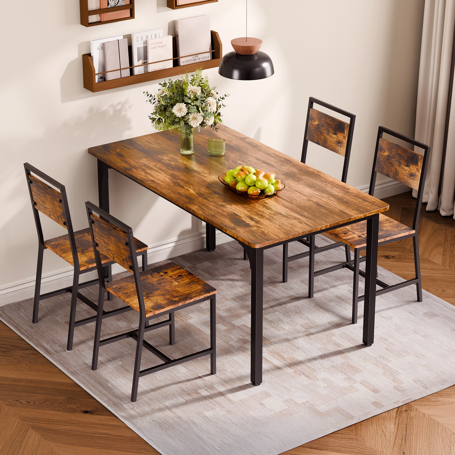 Set of six VEVOR wooden dining chairs with metal frames, leather seats, and backrests in rustic brown and black for kitchen or living room.