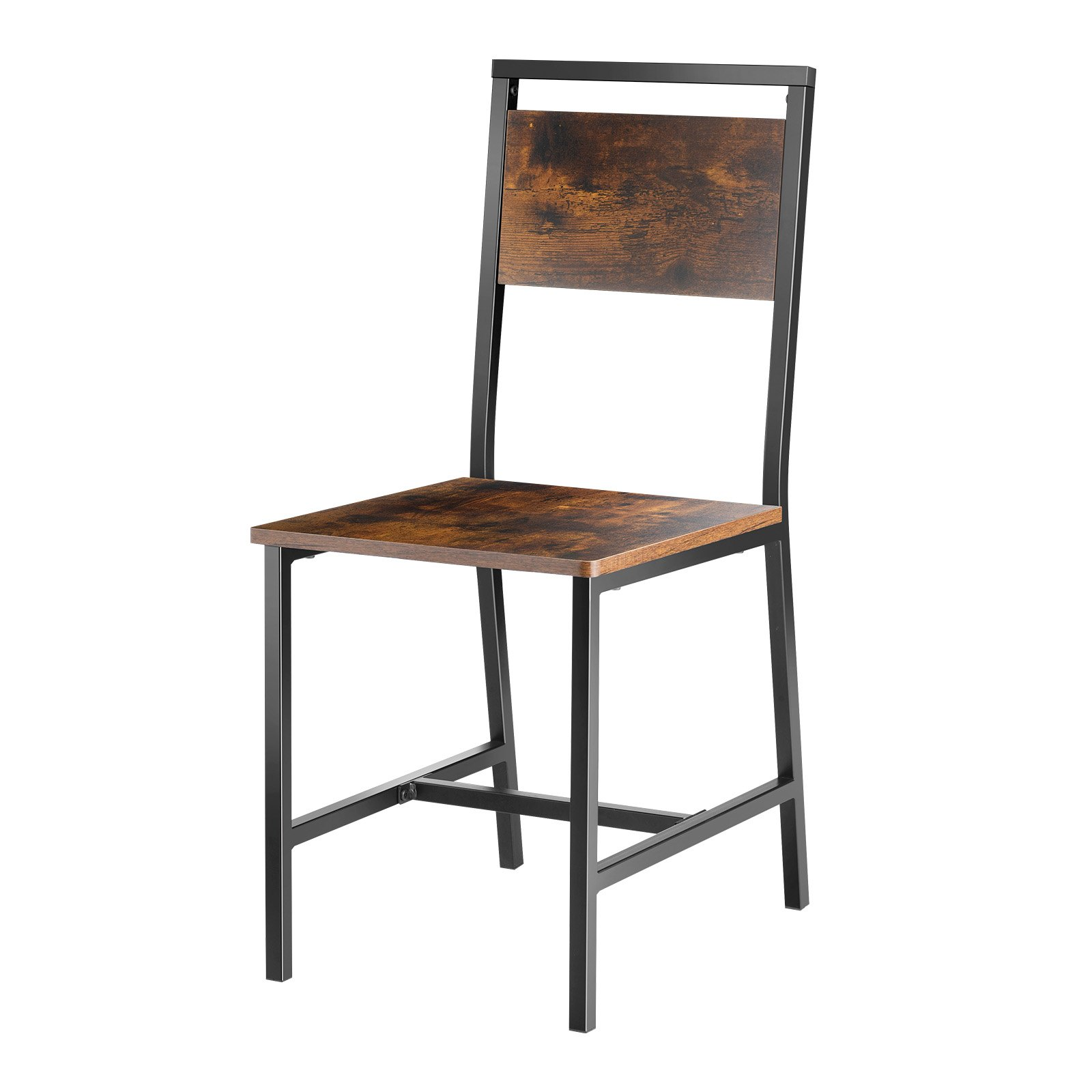 Set of six VEVOR wooden dining chairs with metal frames, leather seats, backrests, in rustic brown and black for kitchen or living room.