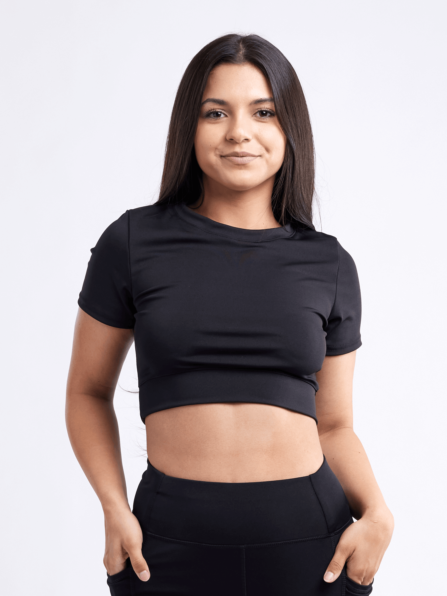 Black Lavender JupiterGear short-sleeve crop top for activewear, featuring a fitted design and breathable fabric.