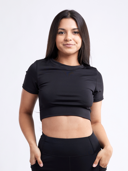 Sky Iapetus JupiterGear short-sleeve crop top, activewear top with fitted design and breathable fabric, shown on a white background.