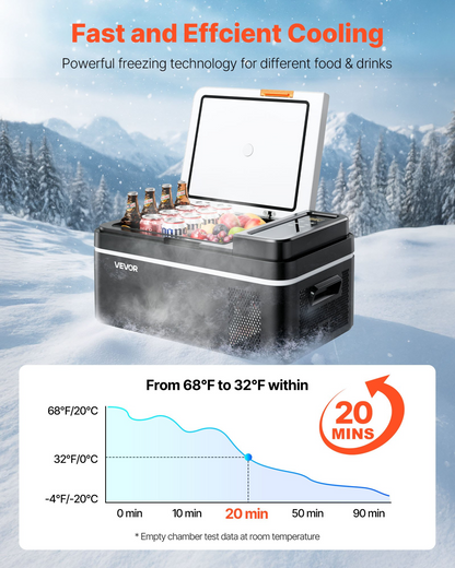Start2Finish VEVOR 21 QT car refrigerator with compressor, app control, portable cooler/freezer for RVs, camping, boats, and fishing.