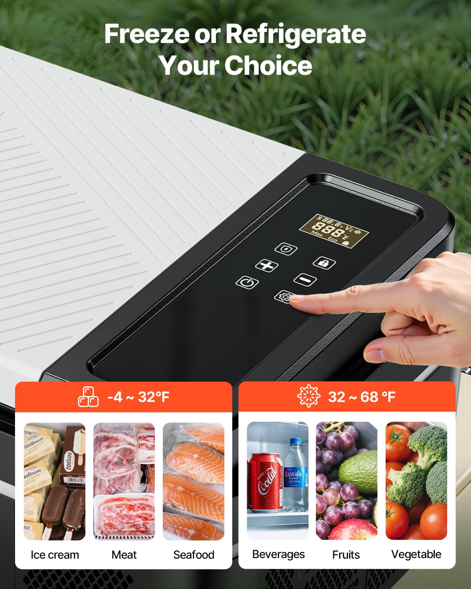 Start2Finish VEVOR car refrigerator with compressor, portable 21 QT cooler, app control, suitable for RVs, camping, fishing, and boating.