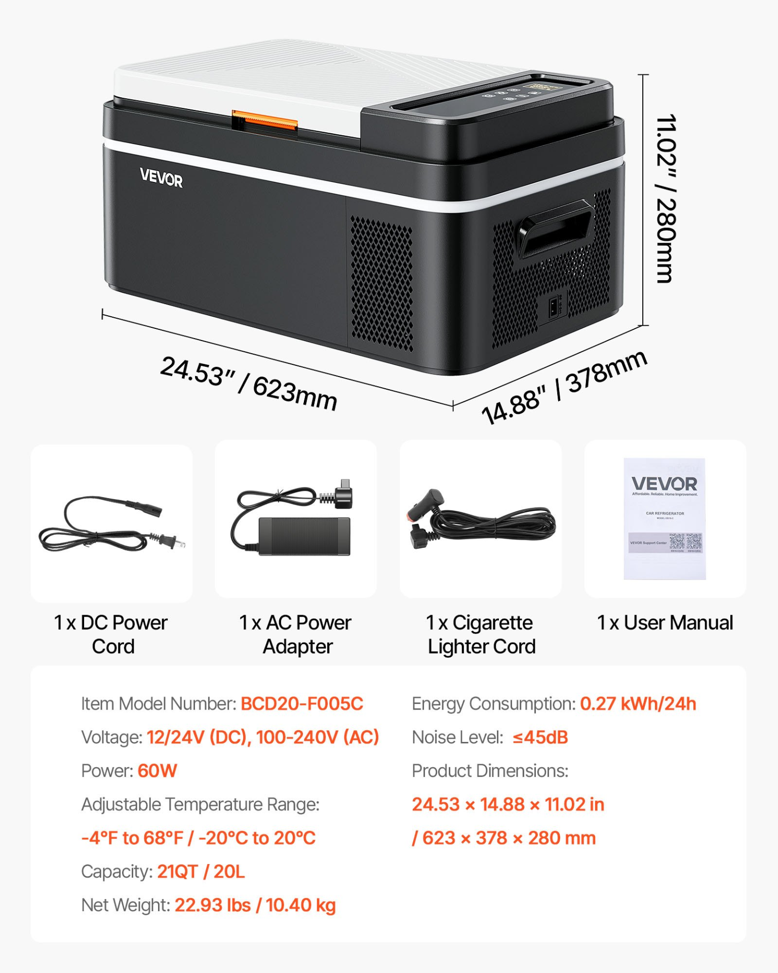 Start2Finish VEVOR car refrigerator with compressor, portable 21QT cooler, app control, suitable for RVs, campsites, boats, and camping.