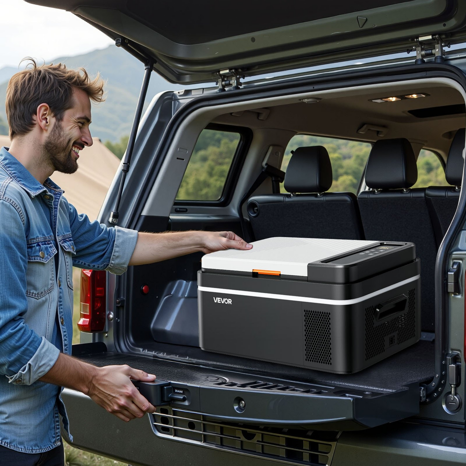 Start2Finish VEVOR car refrigerator with compressor, portable 21 QT cooler, app control, suitable for RVs, camping, boats, and fishing.