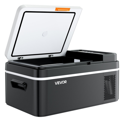 Start2Finish VEVOR car refrigerator with digital controls, compact 21 QT electric cooler, suitable for RVs, camping, and boating.