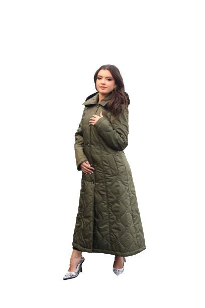 Rose Eleusis quilted longline hooded coat featuring a single-breasted design and padded quilted fabric, perfect for cold weather.