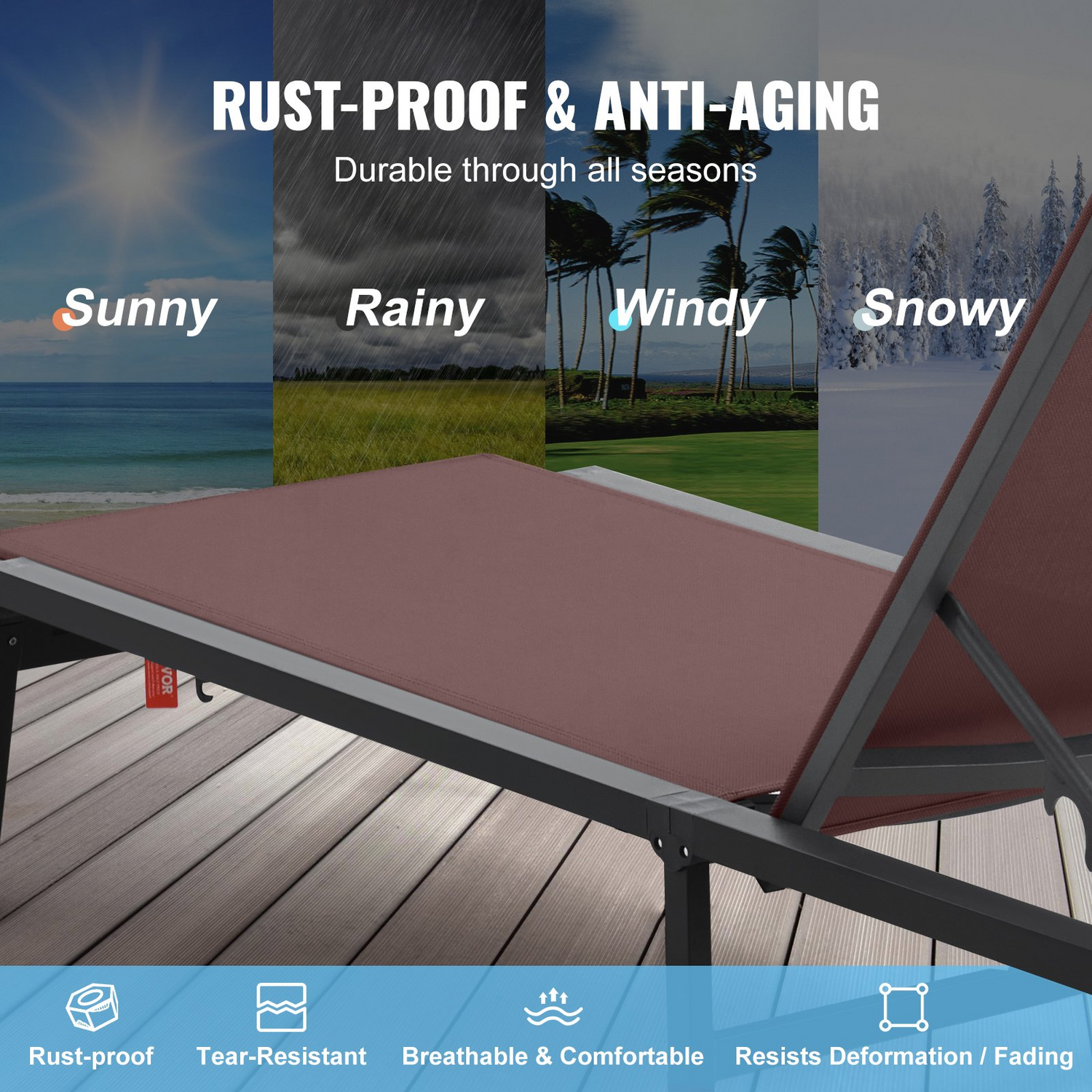 Start2Finish VEVOR outdoor chaise lounge chair with brown aluminum frame, adjustable 5-position, folding pool recliner for patio or beach