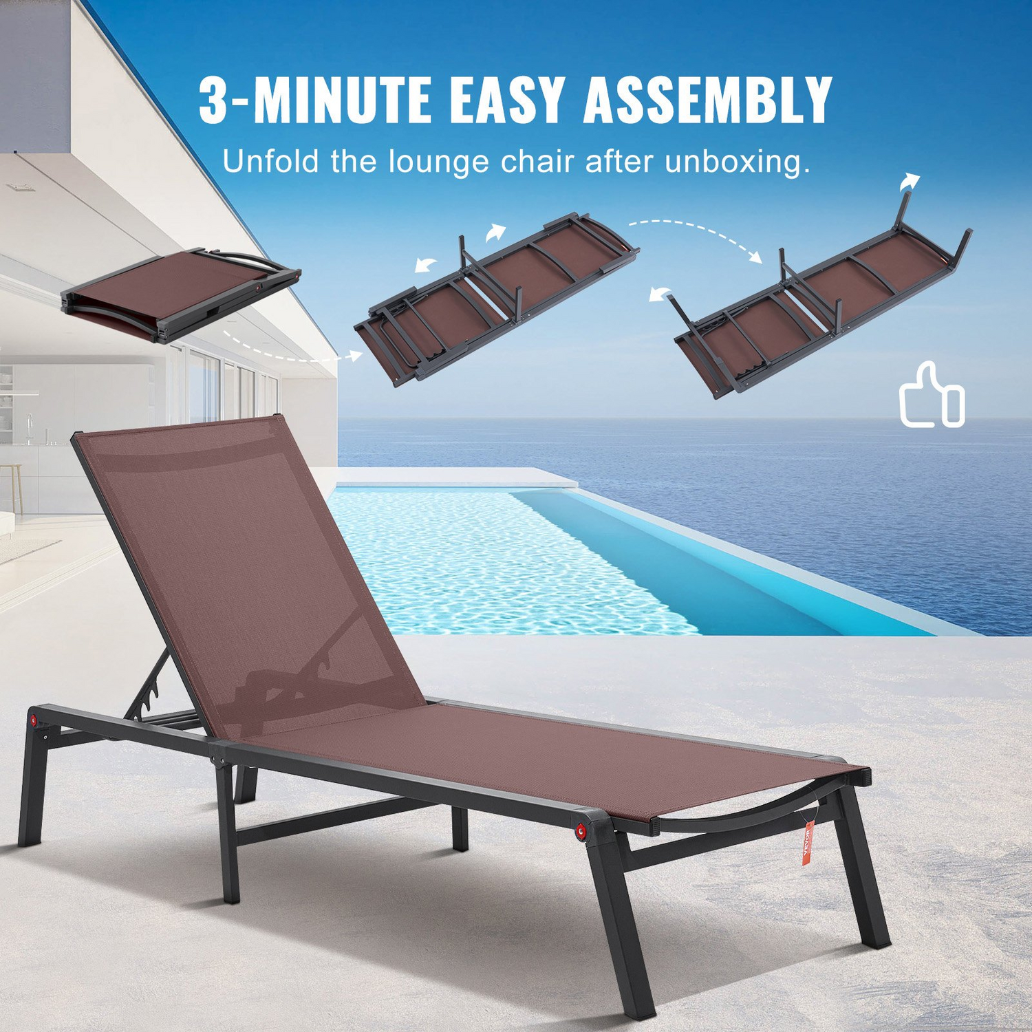 Start2Finish VEVOR outdoor aluminum chaise lounge chair with adjustable 5-position recline, foldable pool and patio tanning chair in brown.