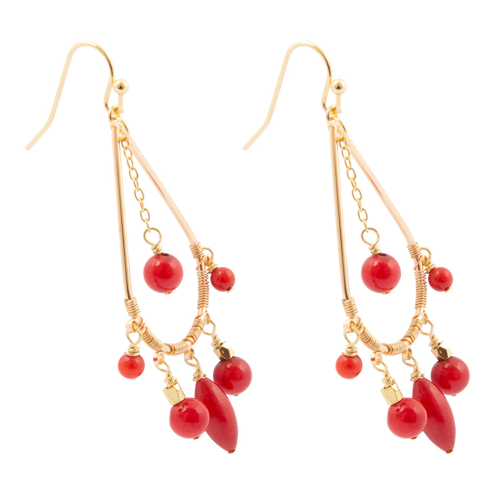 Red Mashan Jade chandelier earrings with gold accents, featuring intricate jewelry design and dangling gemstone details.