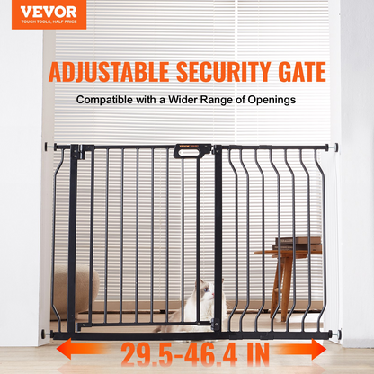 Start2Finish VEVOR baby gate in black, 30 inches high and adjustable width, with pressure mount and walk-through door for stairs and doorways.