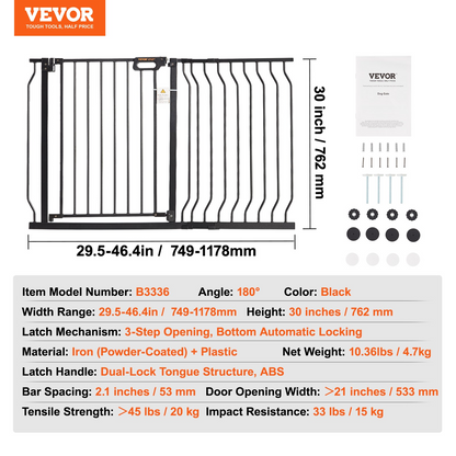 Start2Finish VEVOR baby gate, black, 29.5-46.4 inches wide, 30 inches high, with pressure mount and walk-thru design.