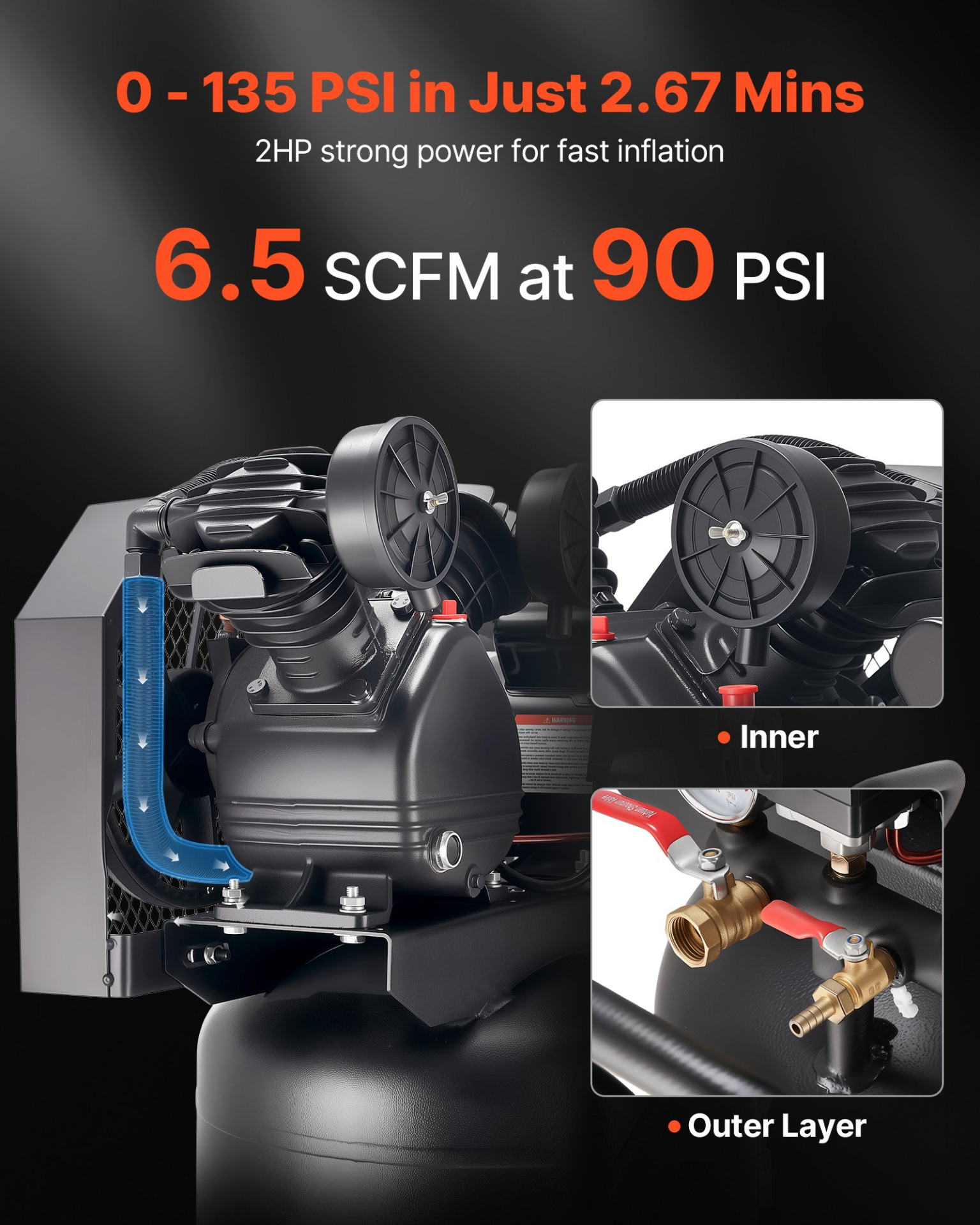 Start2Finish VEVOR 20-gallon oil-lubricated air compressor with 2HP motor, portable with wheels, for auto repair and spray painting.