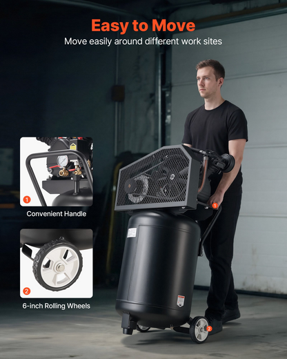 Start2Finish VEVOR 20-Gallon Air Compressor with 2HP motor, portable with wheels, ideal for auto repair, tire inflation, and spray painting.