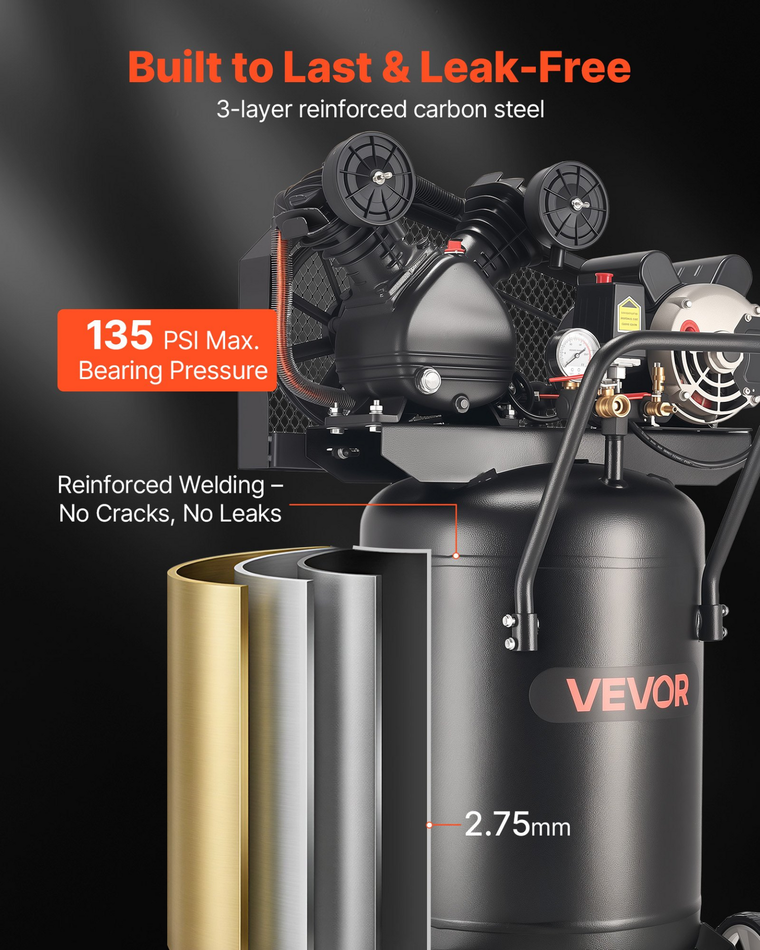 Start2Finish VEVOR 20-Gallon Air Compressor with 2HP motor, portable tank, wheels, suitable for auto repair, tire inflation, and spray painting.