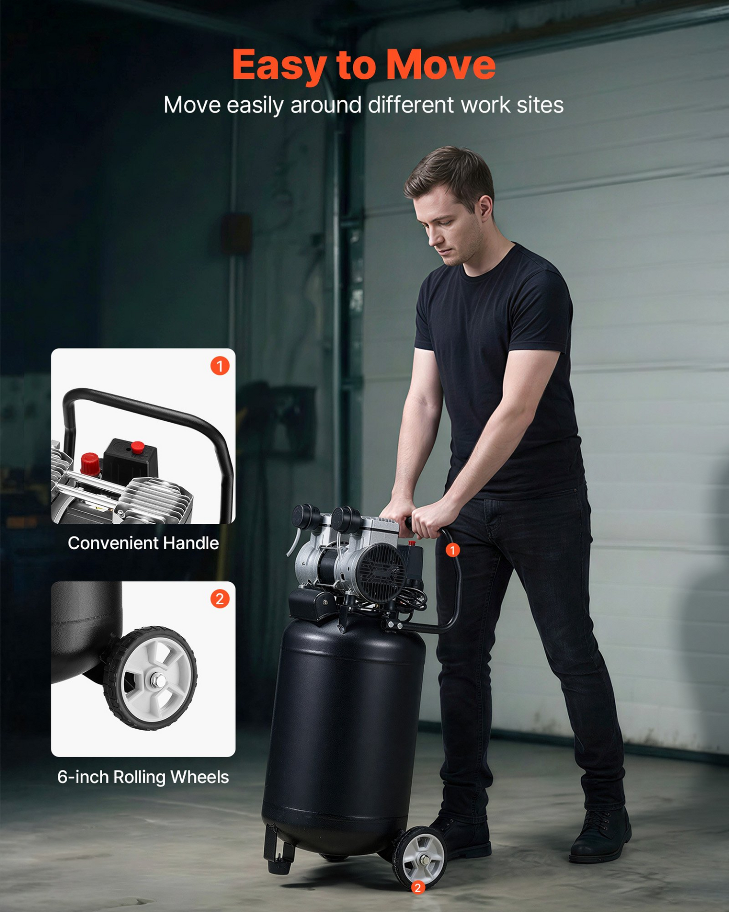 Start2Finish VEVOR 14-gallon 2HP air compressor with wheels, oil-free tank, for auto repair, tire inflation, spray painting, and woodworking.