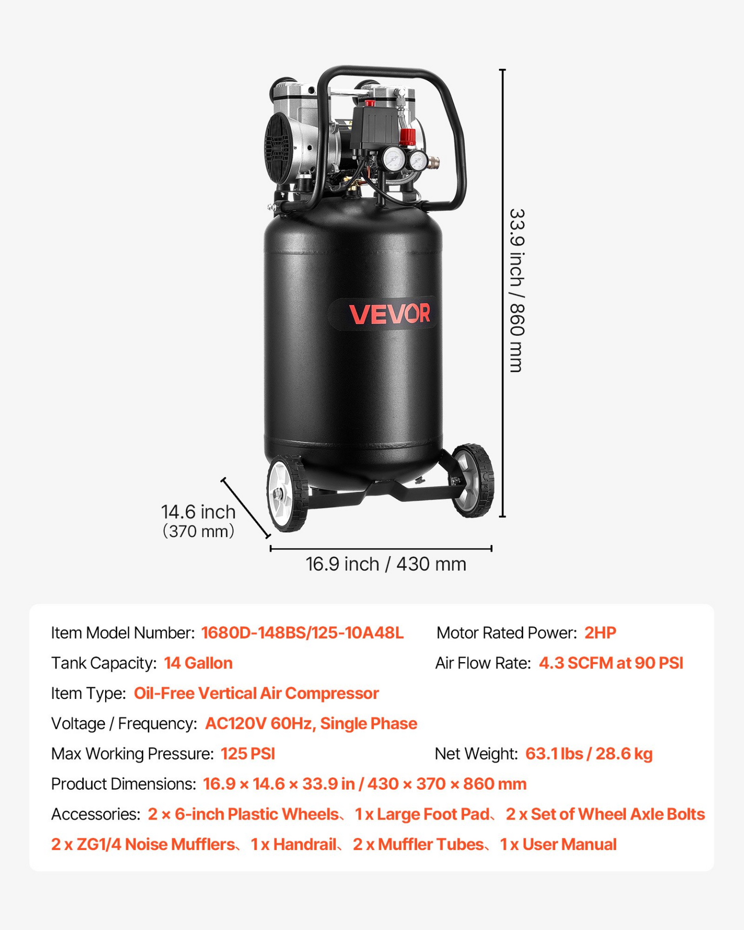 Start2Finish VEVOR 14-gallon oil-free air compressor with 2HP motor, portable on wheels, ideal for auto repair, tire inflation, and painting.