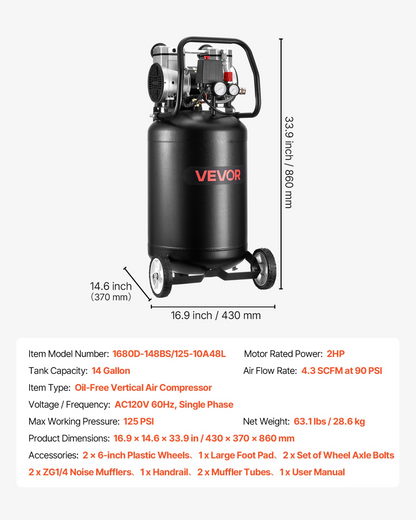 Start2Finish VEVOR 14-gallon oil-free air compressor with 2HP motor, portable on wheels, ideal for auto repair, tire inflation, and painting.