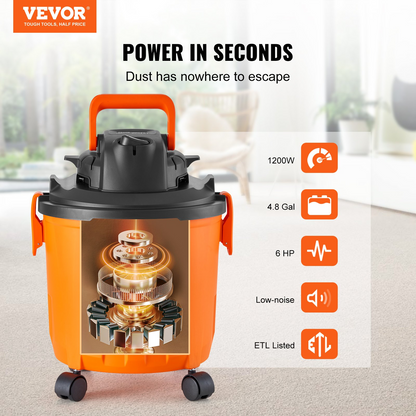 Start2Finish VEVOR 5-gallon wet and dry shop vacuum with powerful suction, blower function, attachments, ideal for debris and pet hair.