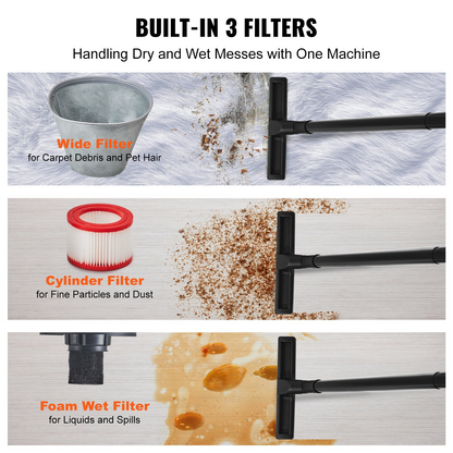 Start2Finish VEVOR 5-gallon wet and dry shop vacuum with attachments, powerful suction for carpets, pet hair, and car cleaning.
