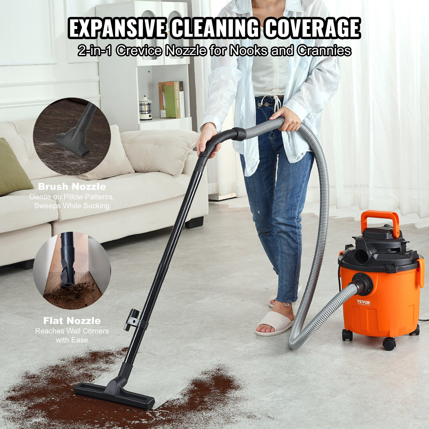 Start2Finish VEVOR 5-gallon wet and dry shop vacuum with powerful suction, blower function, attachments, ideal for debris and pet hair.