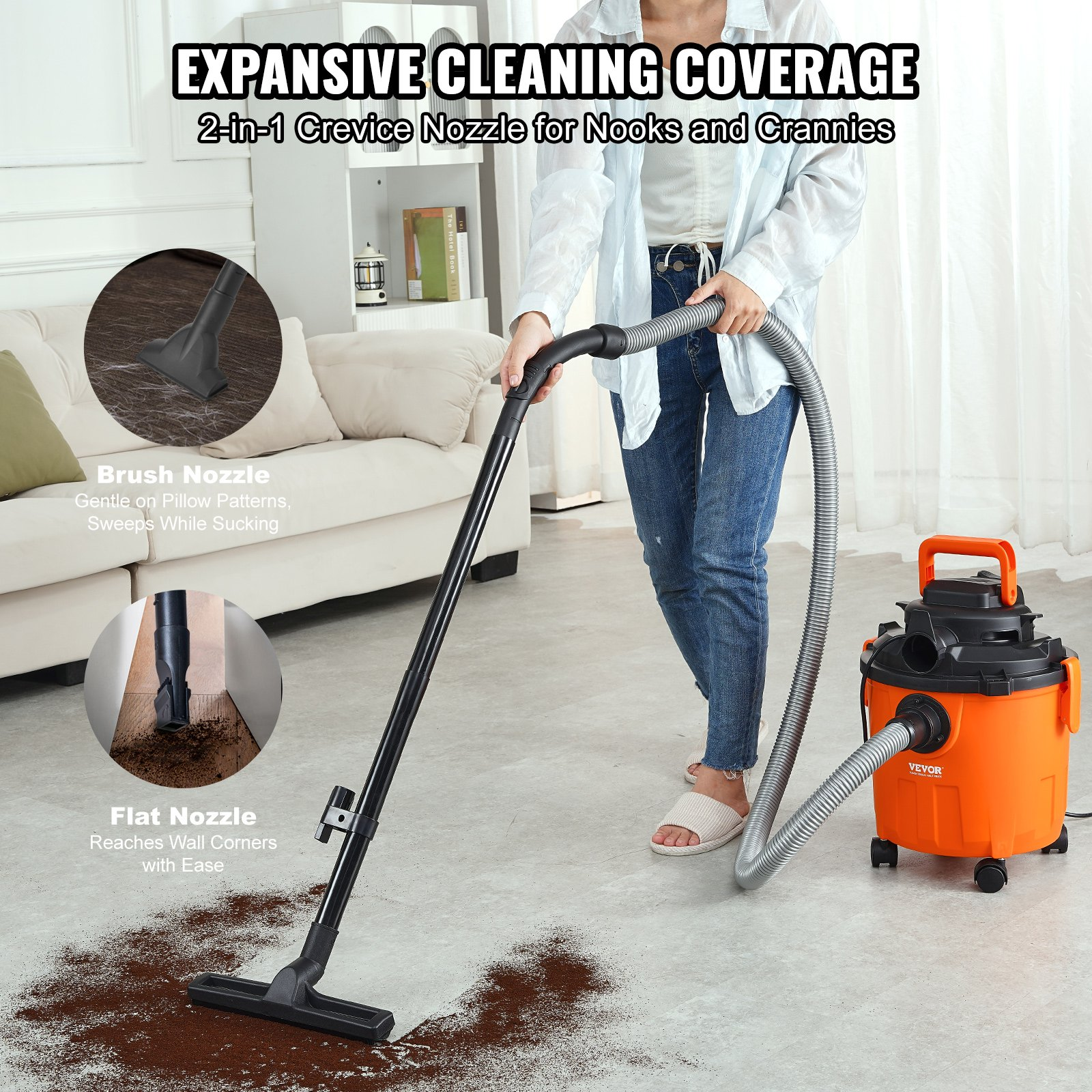 Start2Finish VEVOR 5-gallon wet and dry shop vacuum with powerful suction, blower function, attachments, ideal for debris and pet hair.