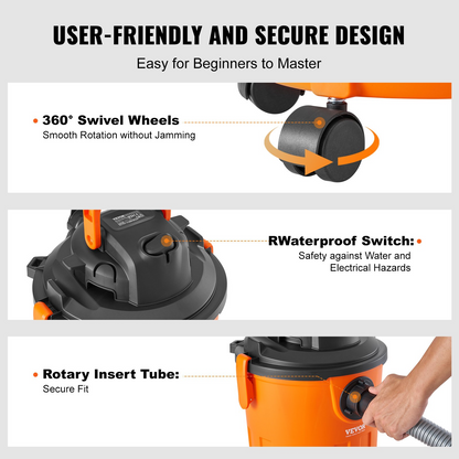 Start2Finish VEVOR 5-gallon wet/dry shop vacuum with powerful suction, blower function, crevice nozzle, ideal for debris, pet hair, and car cleaning.