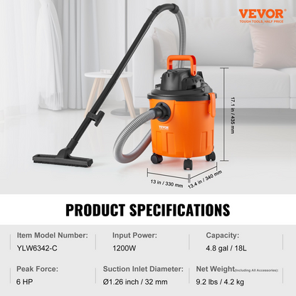 Start2Finish VEVOR 5-gallon wet and dry shop vacuum with powerful suction, blower, and attachments for cleaning carpets, pet hair, and cars.
