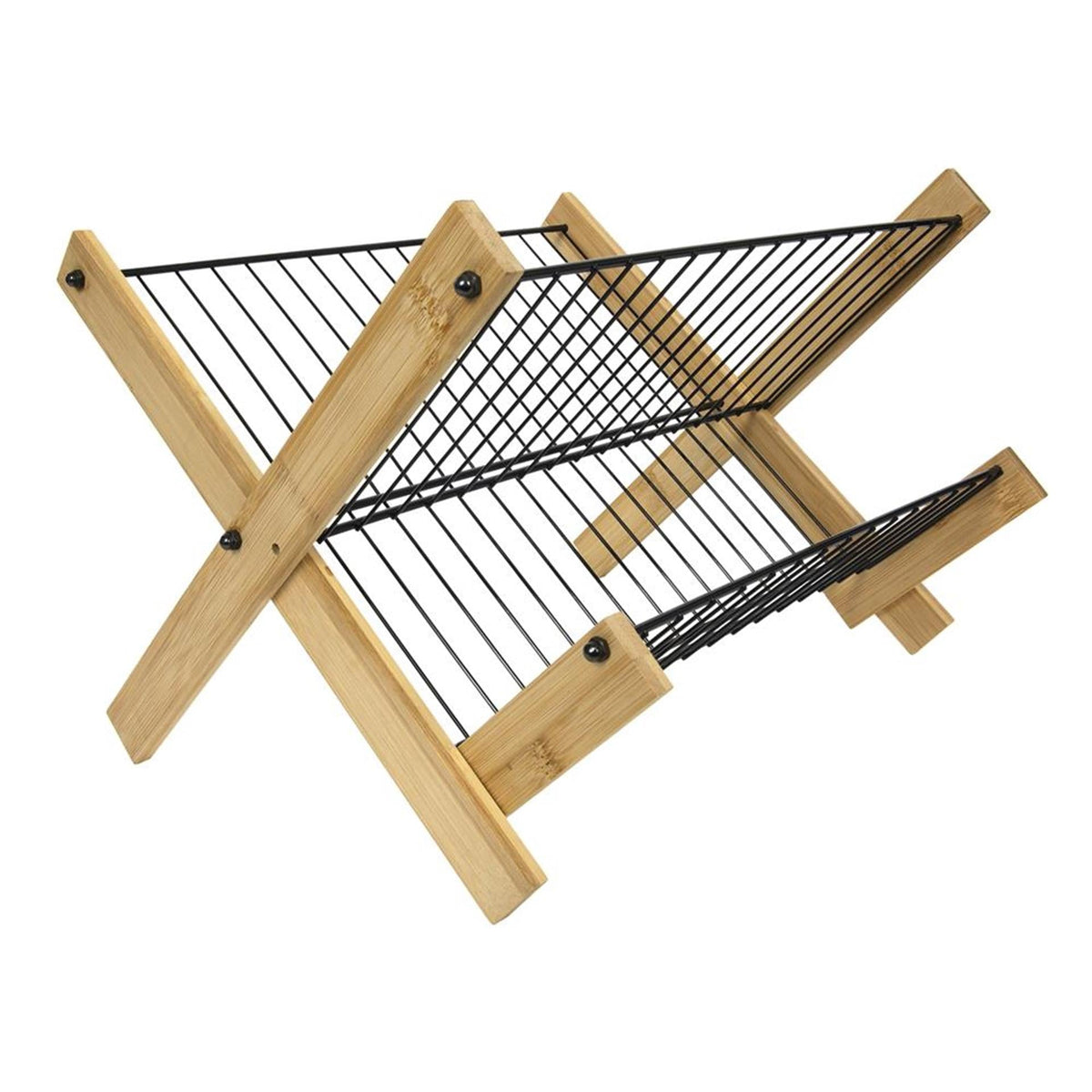 Imperial kitchen bamboo dish rack with foldable metal wire