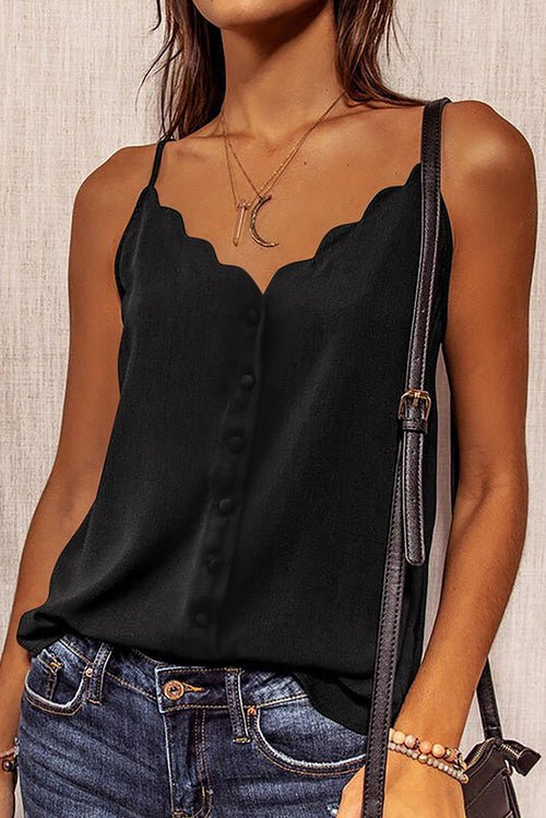 Black spaghetti straps buttoned V-neck vest for women, featuring a stylish fit and classic design from Lavender Pallas.