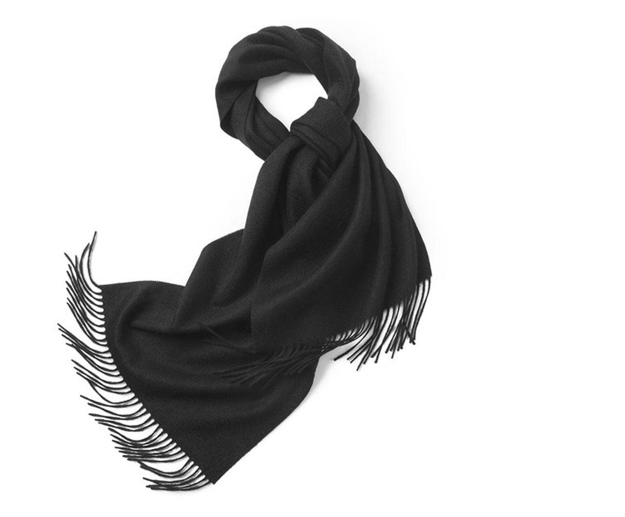 Black woven lambswool scarf from Start2Finish, showcasing a plain, soft, and cozy apparel accessory.