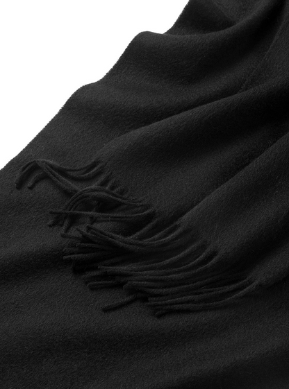 Start2Finish black lambswool woven scarf draped, showcasing its plain black design and soft textured fabric.