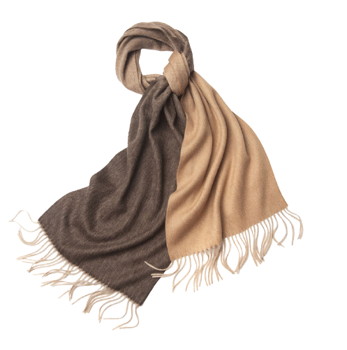 Degradé brown and camel woven lambswool scarf from Start2Finish, showcasing soft, textured fabric and stylish color gradient.