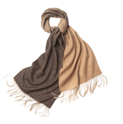 Degradé brown and camel woven lambswool scarf from Start2Finish, showcasing soft, textured fabric and stylish color gradient.